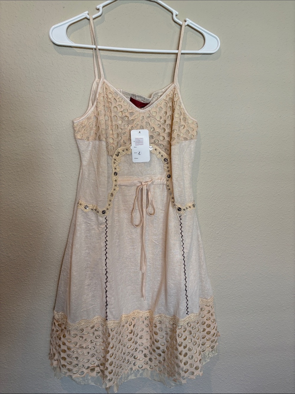 NWT L Beige Lace-Trim Spaghetti Strap Dress